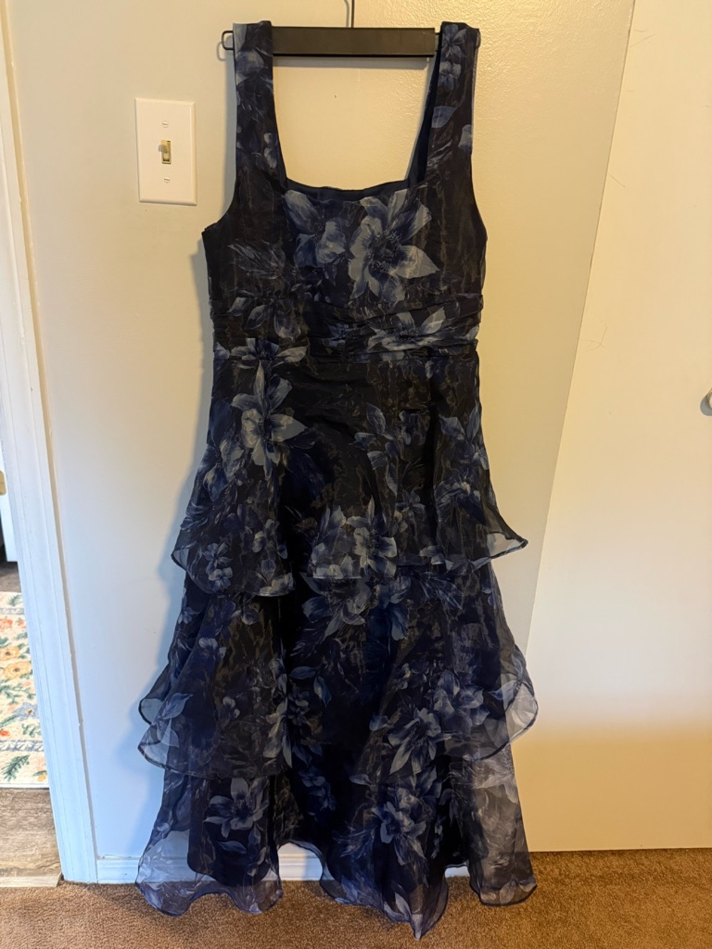 Lulus Dramatic Glamour Navy Blue Floral Organza Tiered Midi Dress - Picture 5 of 12
